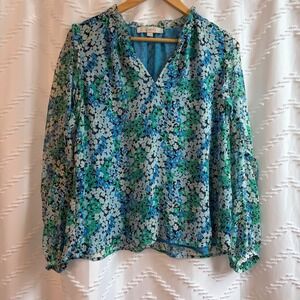 LOFT Blue Green Floral Ruffle V-Neck Chiffon Blouse Womens Medium Long Sleeve